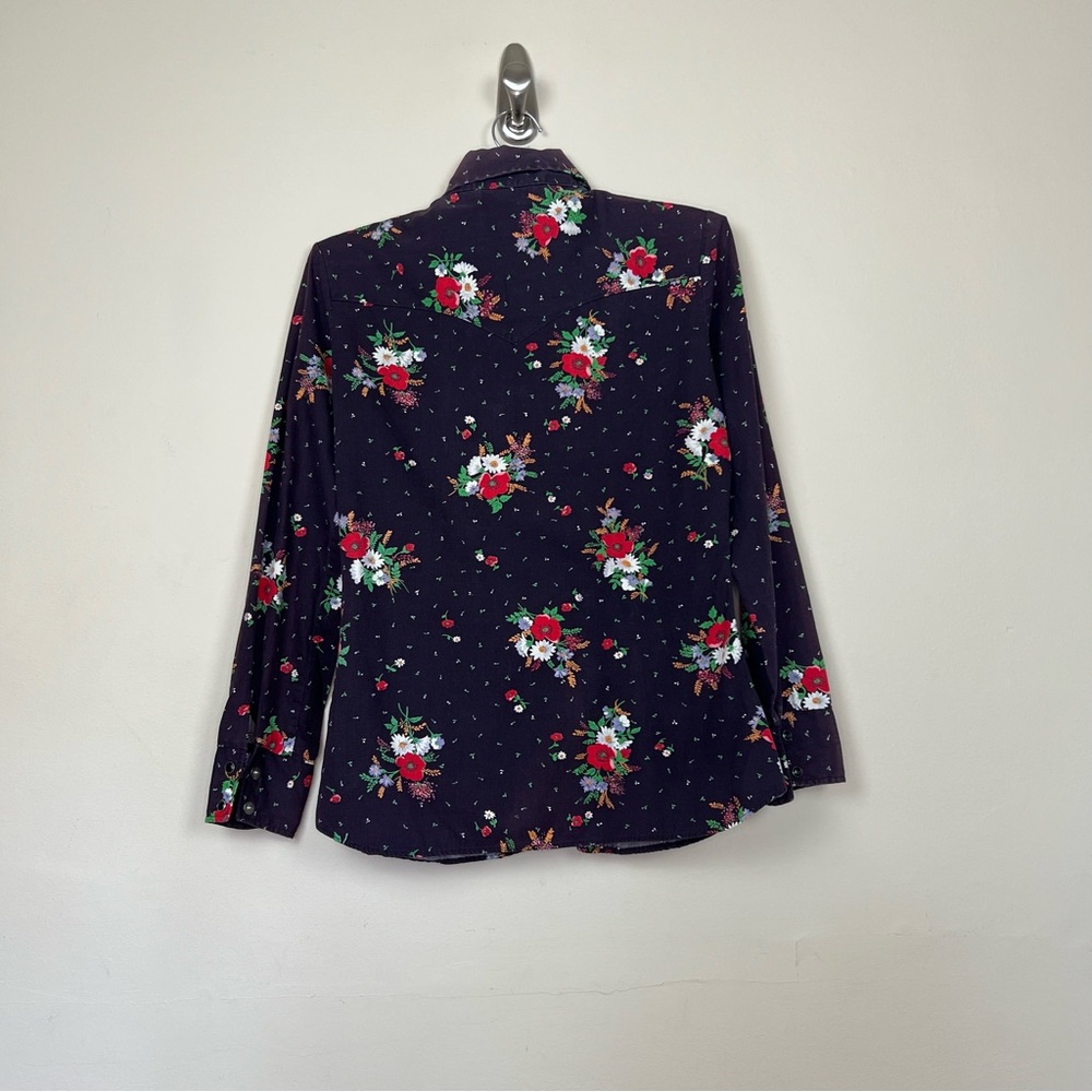 vintage 1950s western shirt black pearl snaps floral print dagger collar hippie - Picture 4 of 14